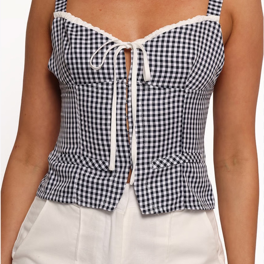 Navy and White Gingham Tie-Front Top